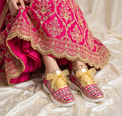 Funky N Trendy Hot pink zari work with mirror detailing bridal sneakers/ bridesmaid sneaker / golden sneakers/ hot pink sneakers / pink shoes for bride/ rani pink sneakers