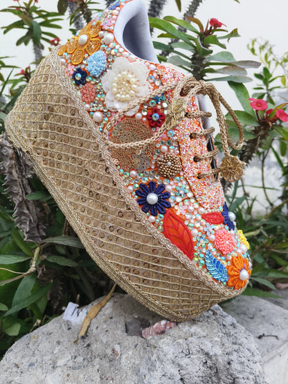 FUNKY N TRENDY Hand embroidered floral theme sneakers - wedge sneakers heeled sneakers/multi colored sneakers