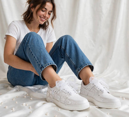 The Pearl - Hand Embroidered White Bridal Sneakers with Pearl Flowers