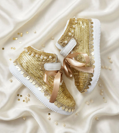 Funky N Trendy purple gold sequine work sneakers/kids sneakers/ embroidery shoes / kids shoes/ gold sneakers / gold shoes for kids/handmade sneakers for kids
