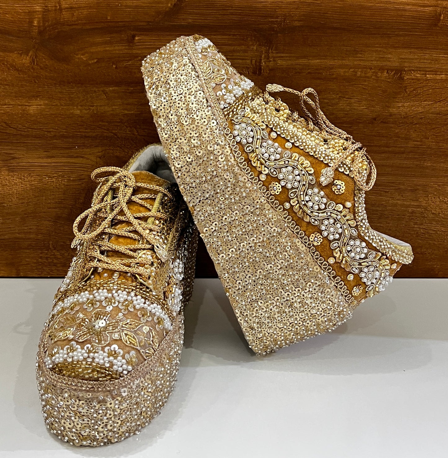 FUNKY N TRENDY Gold Heavy Embroidered bridal sneakers - wedge sneakers heeled sneakers/ golden sneakers