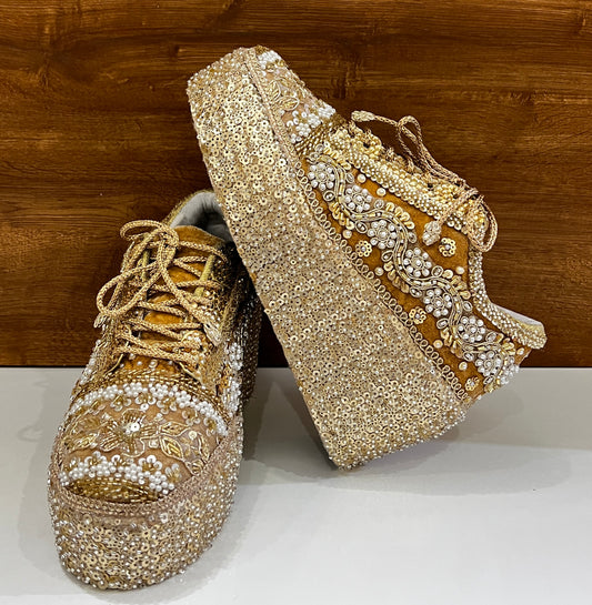 FUNKY N TRENDY Gold Heavy Embroidered bridal sneakers - wedge sneakers heeled sneakers/ golden sneakers