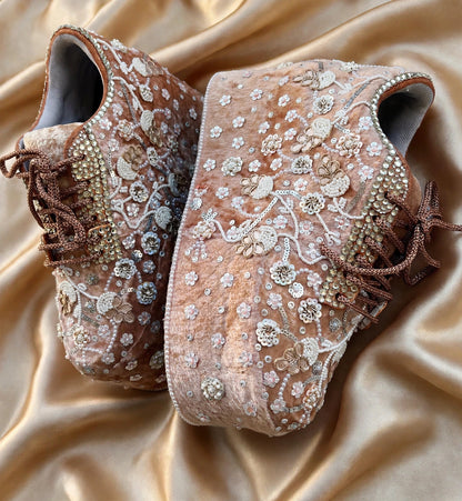 FUNKY N TRENDY rose gold with pearl Embroidered bridal sneakers - wedge sneakers heeled sneakers/ pearl work sneakers