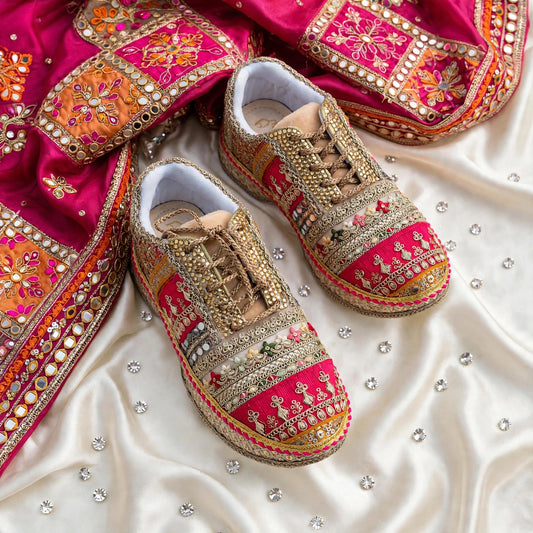 Handcrafted Mirror Work Bridal Sneakers | Indian Wedding Sneakers with Gota Patti Embroidery