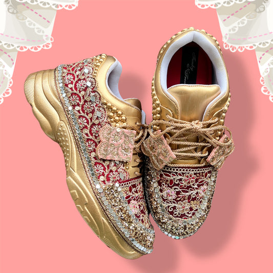 Funky N Trendy Maroon & Gold embroidery work bridal sneakers/ bridesmaid sneaker / golden sneakers/ Maroon sneakers / gold shoes
