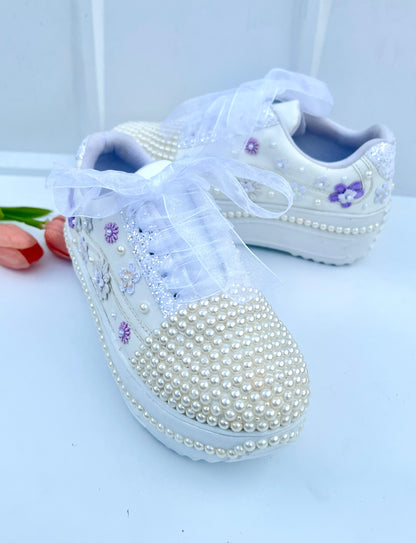 Funky N Trendy white pearl work sneakers with purple / lavender floral detailing / pearl sneakers