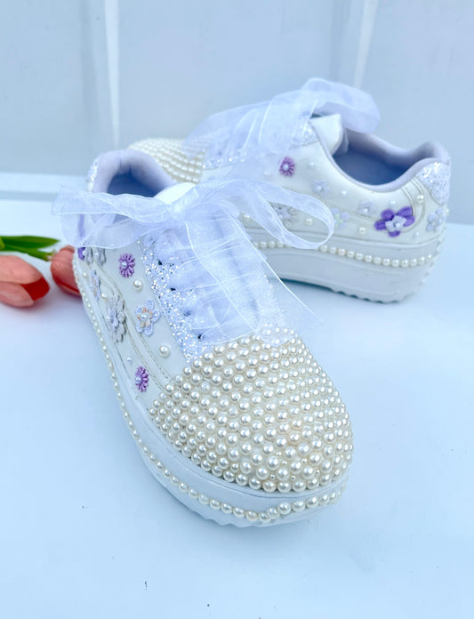 Funky N Trendy white pearl work sneakers with purple / lavender floral detailing / pearl sneakers