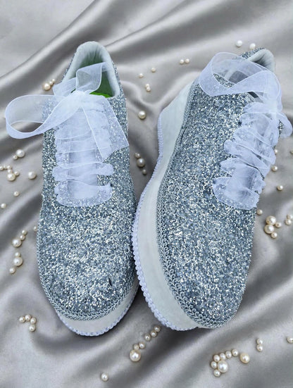 Silver Glitter Platform Bridal Sneakers – Handmade Luxury Wedding Shoes for Brides