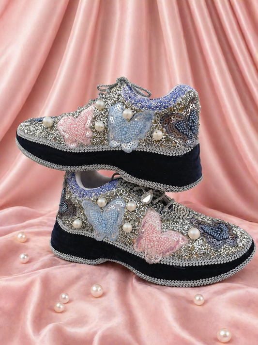 Butterfly Pearl Bridal Sneakers for Bride | Handcrafted Wedding Shoes India | blue sneakers
