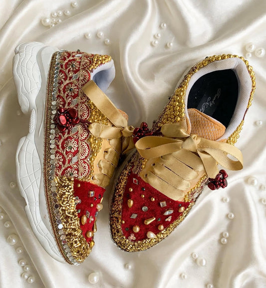FUNKY N TRENDY maroon and gold sneakers with mirror detailing for brides /bridesmaids / sneakers for bridesmaids/ handcrafted sneakers/ maroon sneakers / bridal sneakers / bridesmaid sneakers/ maroon shoes