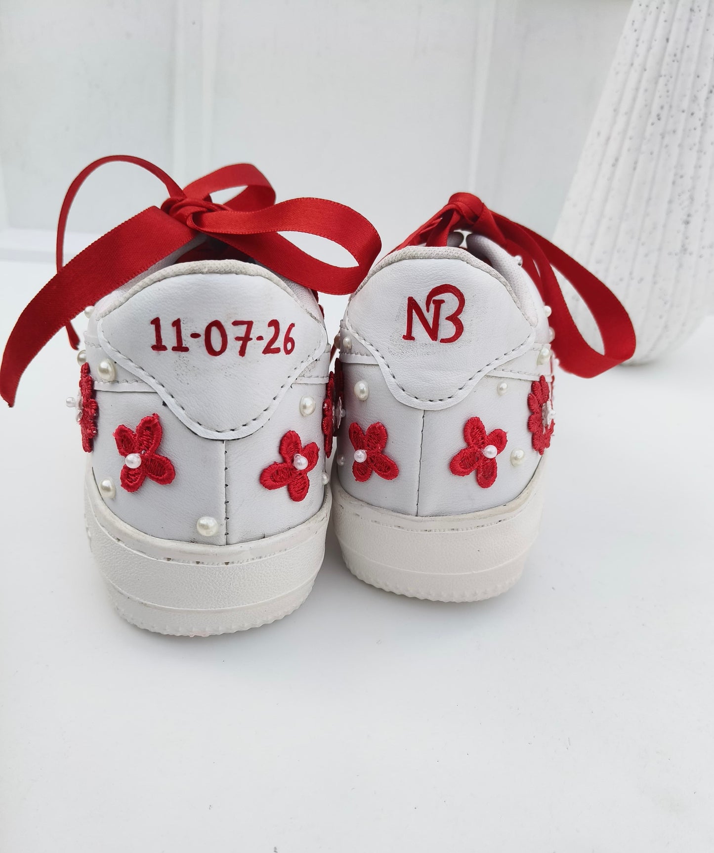 Funky N Trendy red and white pearl work sneakers with floral detailing / bridal sneakers/ sneaker for bride / white sneakers/ pearl sneakers for bride personalised sneakers for brides
