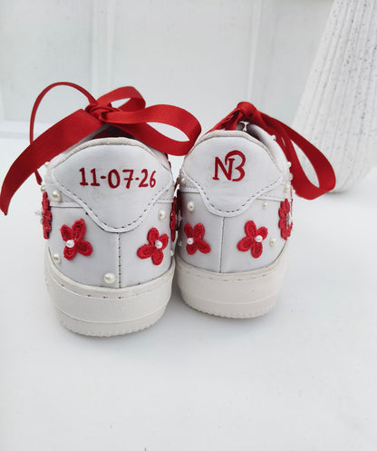 Funky N Trendy red and white pearl work sneakers with floral detailing / bridal sneakers/ sneaker for bride / white sneakers/ pearl sneakers for bride personalised sneakers for brides