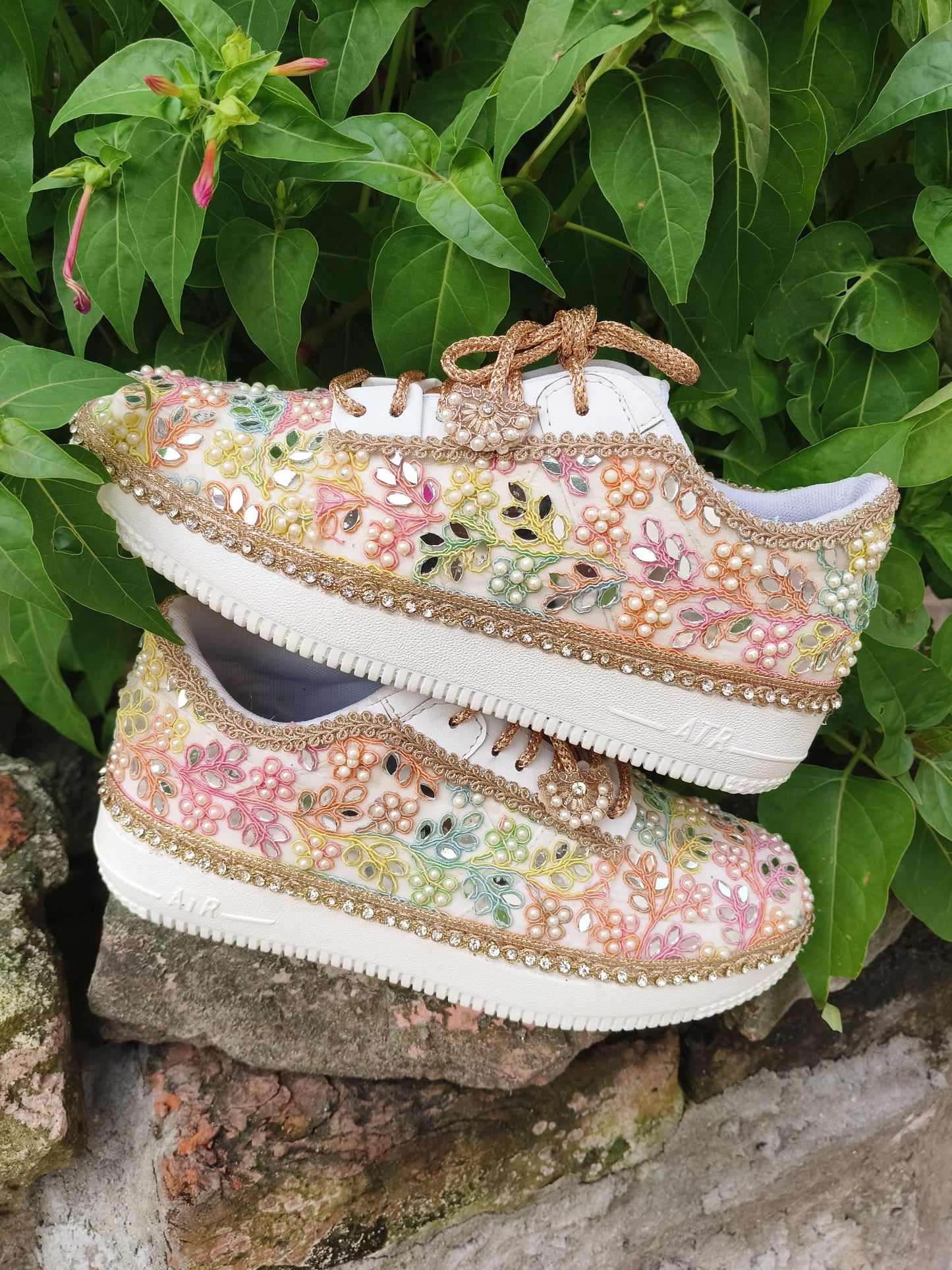“Rainbow Bridal Sneakers with Mirror detailing– Floral Embroidery”
