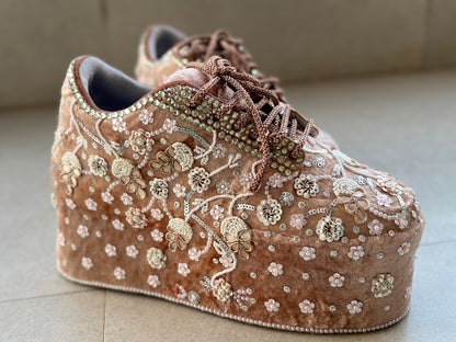 FUNKY N TRENDY rose gold with pearl Embroidered bridal sneakers - wedge sneakers heeled sneakers/ pearl work sneakers