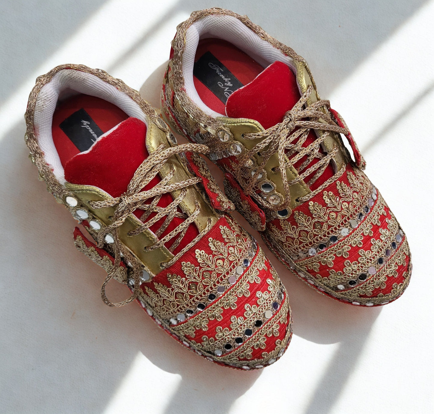 FUNKY N TRENDY red and gold bridal sneakers / bridesmaid sneakers/ golden sneakers / gold sneakers / red shoes / red bridal sneakers / embroidered shoes / embroidered sneakers