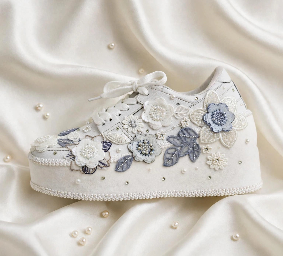 Customized White and Gray garden Bridal Sneakers with Name initials / wedding date– Wedding Shoes for Bride/ white sneakers