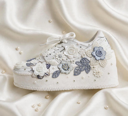 Customized White and Gray garden Bridal Sneakers with Name initials / wedding date– Wedding Shoes for Bride/ white sneakers