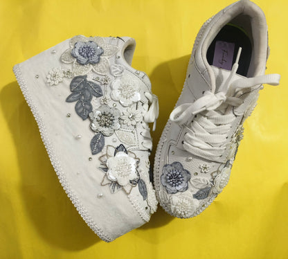 Customized White and Gray garden Bridal Sneakers with Name initials / wedding date– Wedding Shoes for Bride/ white sneakers