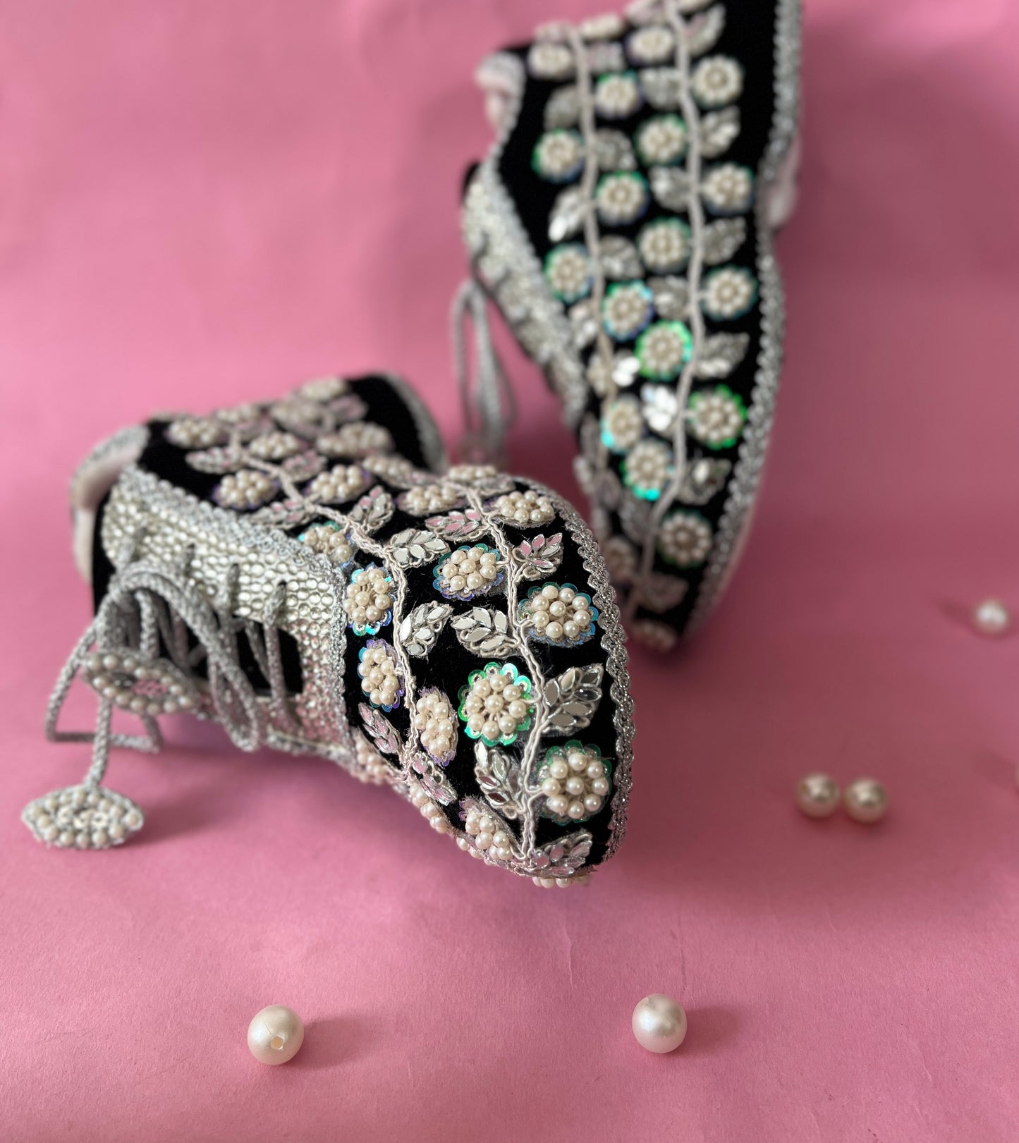 Funky N Trendy handcrafted hand embroidered mirror work bridal sneakers/ bridesmaid sneaker / black sneakers /black boho sneakers/ black shoes / women shoes