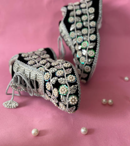 Funky N Trendy handcrafted hand embroidered mirror work bridal sneakers/ bridesmaid sneaker / black sneakers /black boho sneakers/ black shoes / women shoes