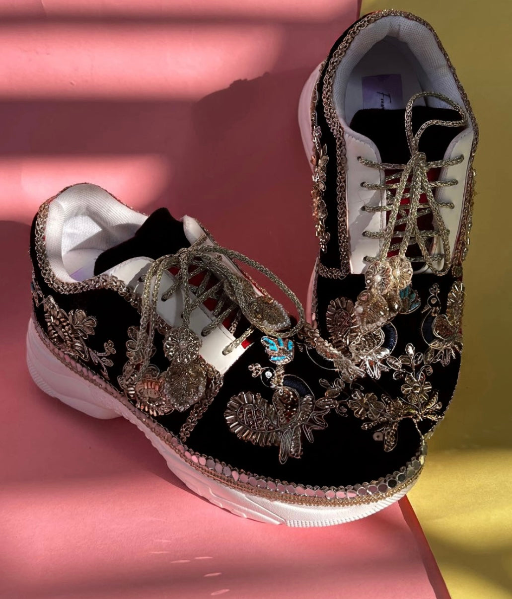 Funky N Trendy handcrafted hand embroidered cutdana work bridal sneakers/ bridesmaid sneaker / black sneakers /black boho sneakers/ black shoes/ unisex shoes / men shoes / women shoes