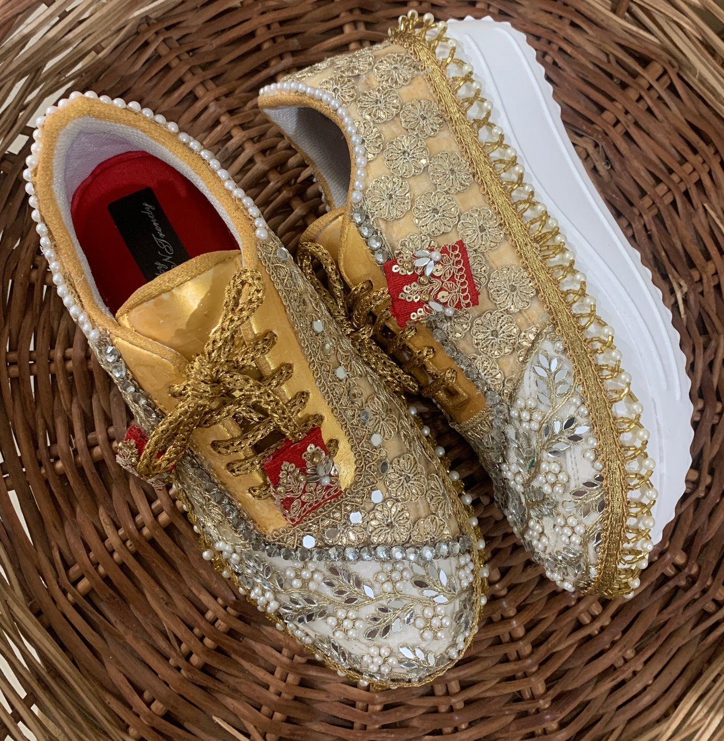 Funky N Trendy hand crafted gottapatti with mirror work bridal sneakers/ bridesmaid sneaker / golden sneakers/ gold sneakers / mirror sneakers