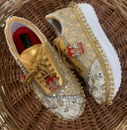 Funky N Trendy hand crafted gottapatti with mirror work bridal sneakers/ bridesmaid sneaker / golden sneakers/ gold sneakers / mirror sneakers