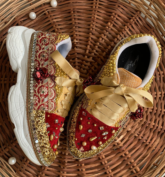 FUNKY N TRENDY maroon and gold sneakers with mirror detailing for brides /bridesmaids / sneakers for bridesmaids/ handcrafted sneakers/ maroon sneakers / bridal sneakers / bridesmaid sneakers/ maroon shoes