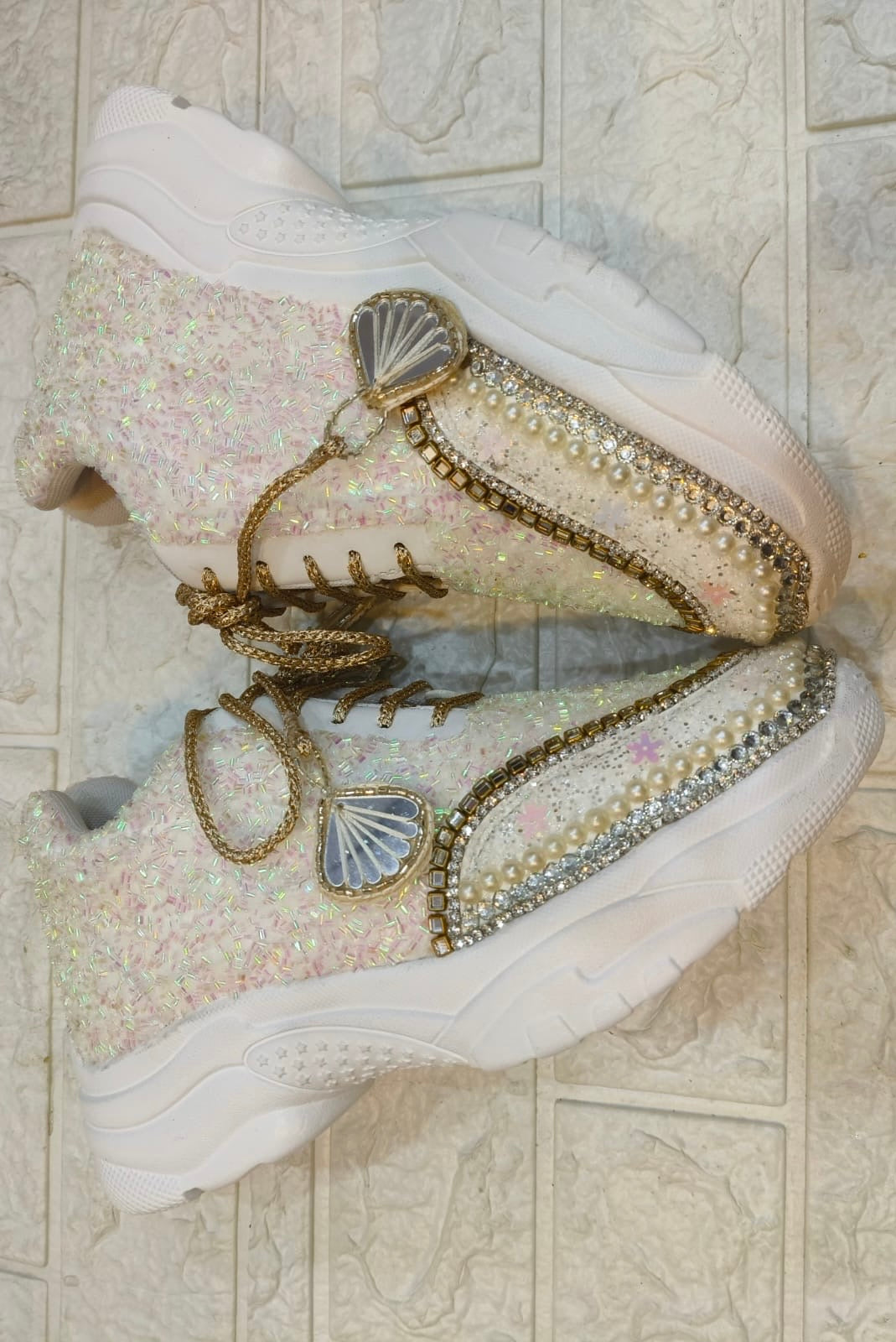 Funky N Trendy white hand work sneakers / bridal sneakers/ sneaker for bride / white sneakers/ pearl sneakers for bride/ bridesmaid sneakers / pearls sneakers
