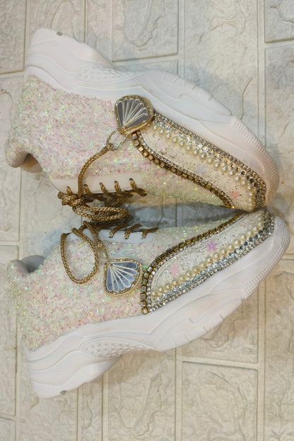 Funky N Trendy white hand work sneakers / bridal sneakers/ sneaker for bride / white sneakers/ pearl sneakers for bride/ bridesmaid sneakers / pearls sneakers