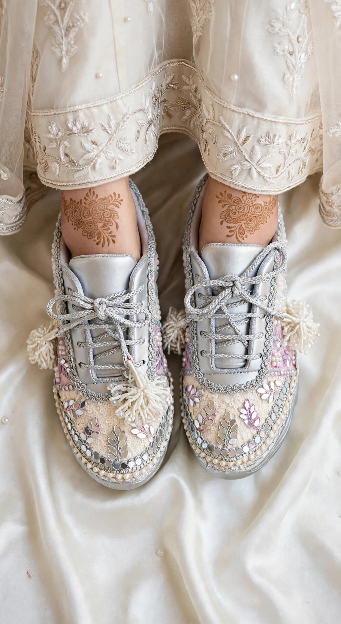 Ivory Blossom - Pearl & Mirror Work Lavender Silver Bridal Sneakers with Latkans