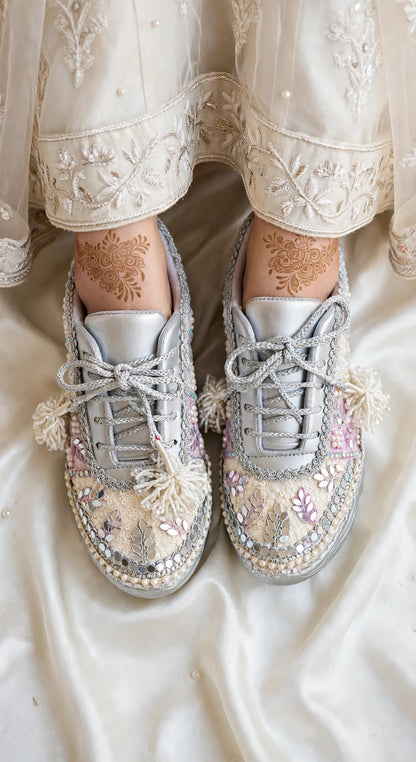 Ivory Blossom - Pearl & Mirror Work Lavender Silver Bridal Sneakers with Latkans