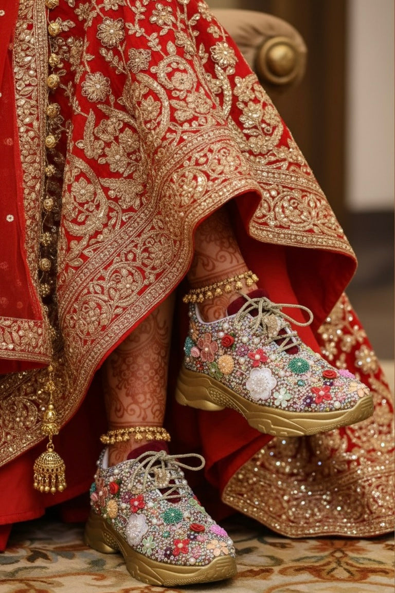 FUNKY N TRENDY fully hand crafted floral work with beads rhinestones cutdana sneakers / flower shoes / gold sneakers / red sneakers / maroon sneakers / multi colored sneakers