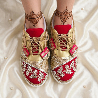 FUNKY N TRENDY red and gold sneakers for brides /bridesmaids / sneakers for bridesmaids/ handcrafted sneakers/ gold sneakers / bridal sneakers / bridesmaid sneakers/ gold sneakers / red shoes/ megenta shoes/ hot pink sneakers