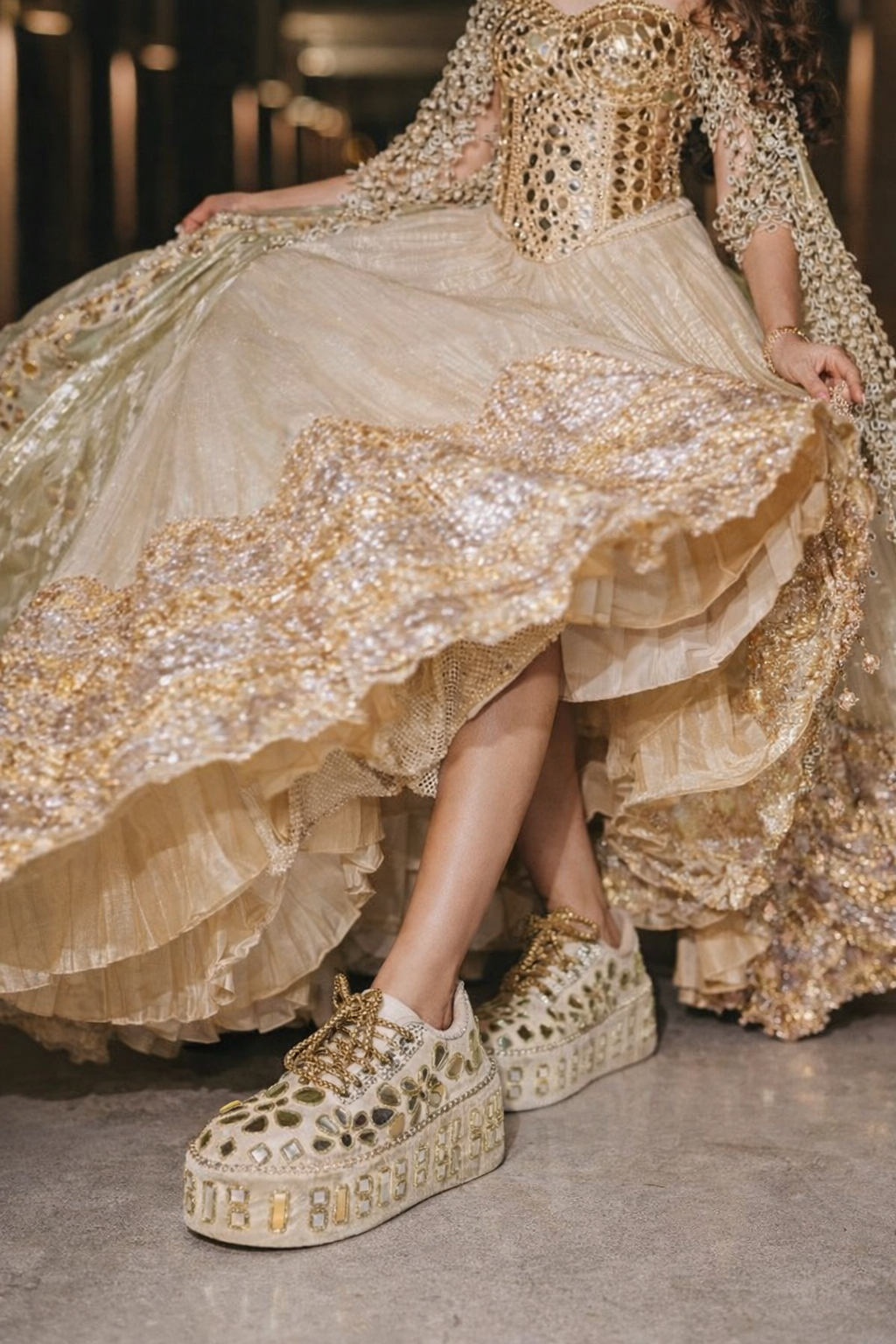 FUNKY N TRENDY Hand embroidered Mirror sneakers - wedge sneakers heeled sneakers/ gold sneakers/ ivory beige sneakers