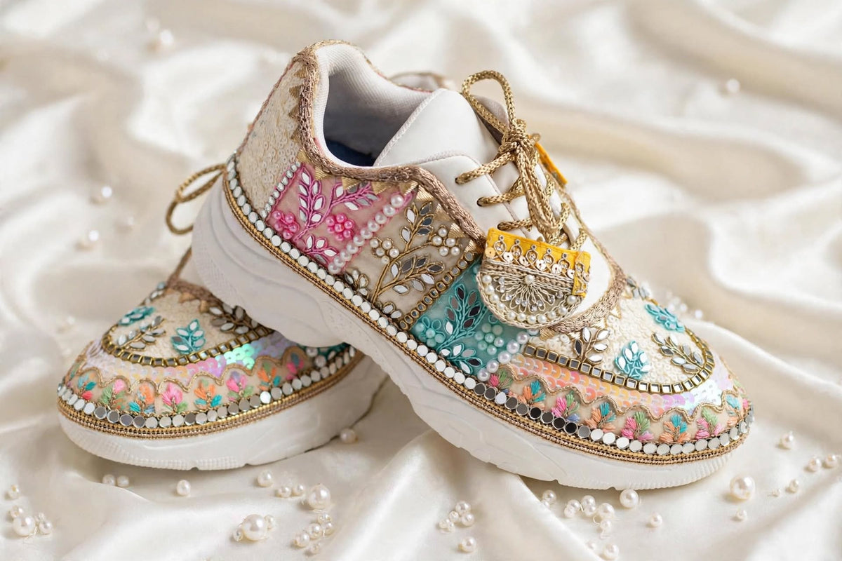 RANG RAAS - Multicolor Hand Embroidered Bridal Sneakers | Mirror Sequin Pearl Wedding Sneakers
