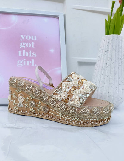 Handcrafted Bridal Embroidered Wedges - Beige / ivory