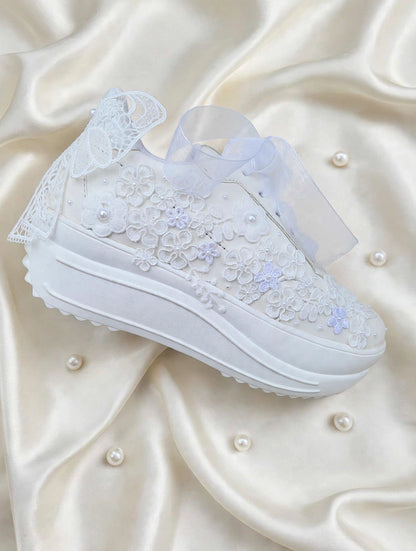 Funky N Trendy white thread work pearl work sneakers with floral detailing / bridal sneakers/ sneaker for bride / white sneakers/ pearl sneakers for bride/custom name initials / wedding date
