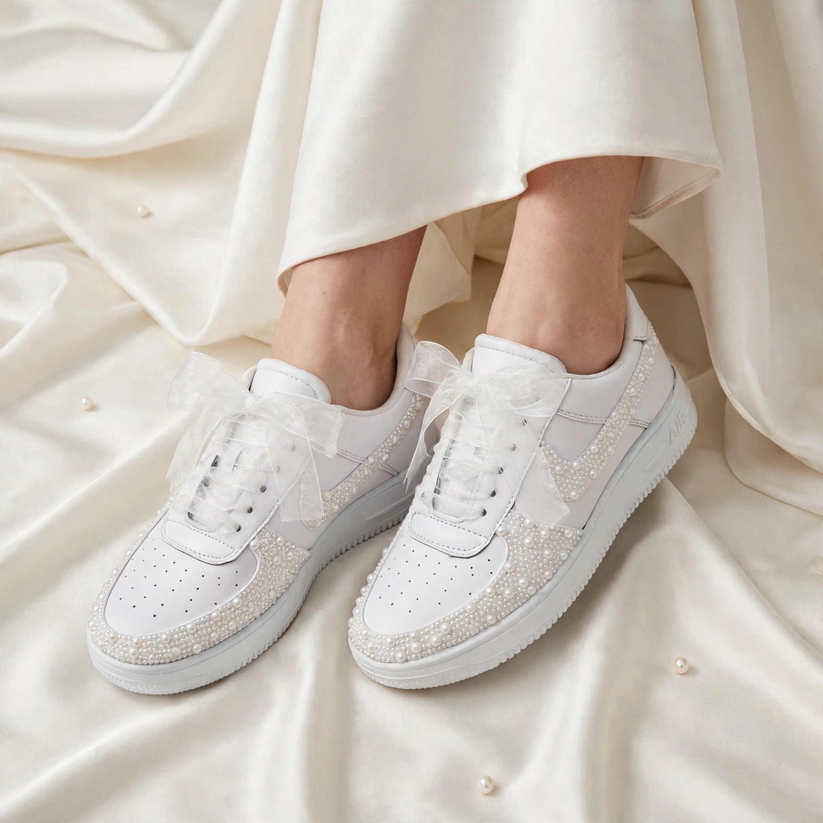 LUNA - Custom Pearl Bridal Sneakers with Wedding Date & Initials | Hand-Embellished White Wedding Sneakers