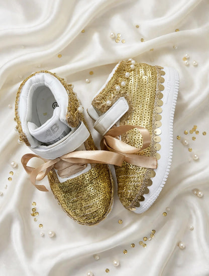 Funky N Trendy purple gold sequine work sneakers/kids sneakers/ embroidery shoes / kids shoes/ gold sneakers / gold shoes for kids/handmade sneakers for kids