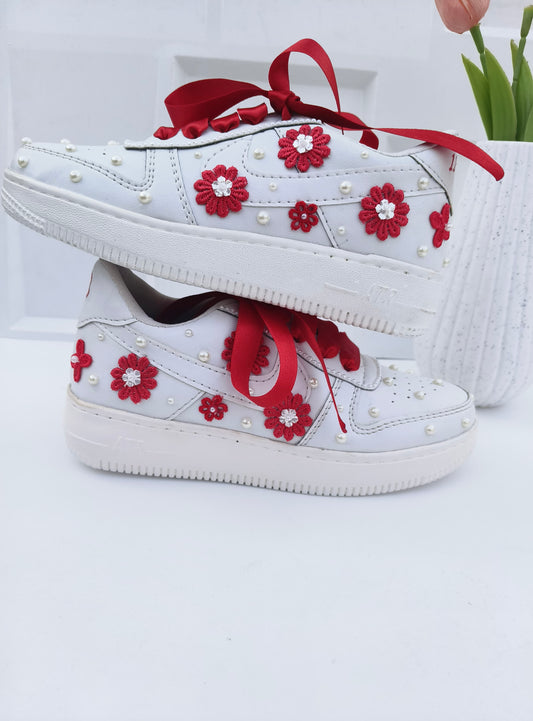 Funky N Trendy red and white pearl work sneakers with floral detailing / bridal sneakers/ sneaker for bride / white sneakers/ pearl sneakers for bride personalised sneakers for brides