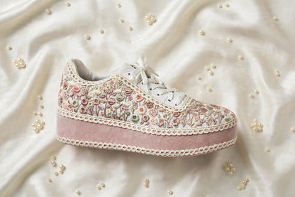 FUNKY N TRENDY Wildflower Embroidered Platform Sneakers – Blush Pink Floral Bridal Sneakers for Mehendi/Sangeet
