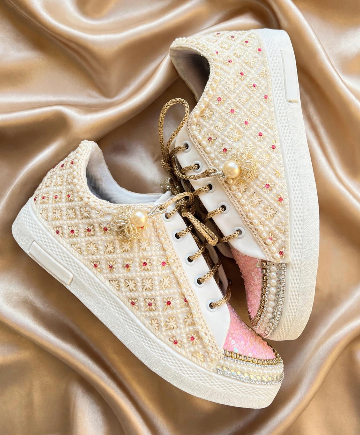 Funky N Trendy ivory and pink embroidery work bridal sneakers/ bridesmaid sneaker / golden sneakers/ pink sneakers / sequine work sneakers/ pink shoes