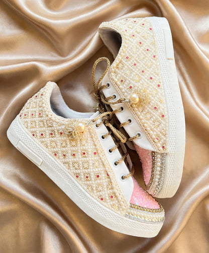 Funky N Trendy ivory and pink embroidery work bridal sneakers/ bridesmaid sneaker / golden sneakers/ pink sneakers / sequine work sneakers/ pink shoes