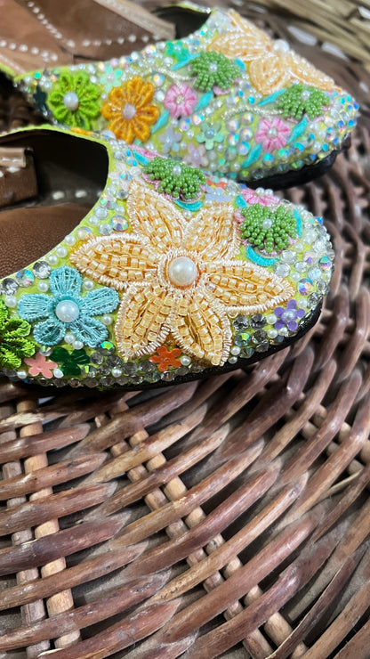 FUNKY N TRENDY “Green Pastel Garden Handcrafted Juttis – Floral Magic” - Green Carnival juttis