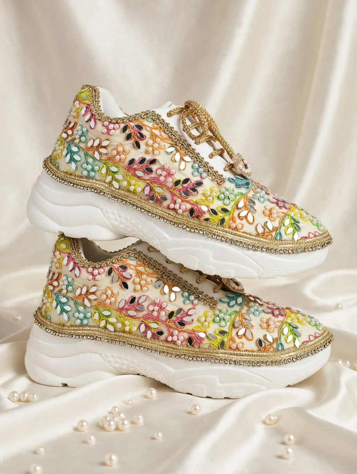 “Rainbow Bridal Sneakers with Mirror detailing– Floral Embroidery”
