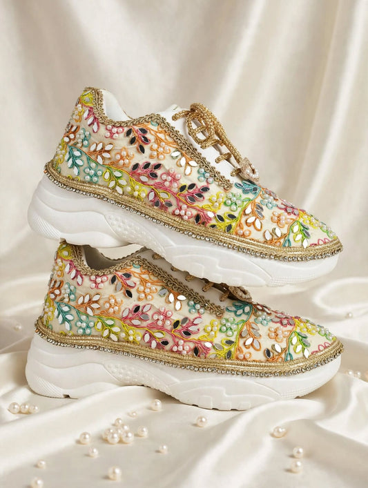 “Rainbow Bridal Sneakers with Mirror detailing– Floral Embroidery”