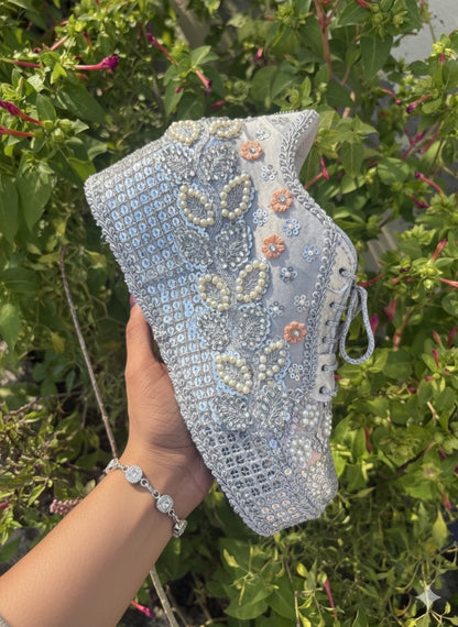 FUNKY N TRENDY Silver Mirror sequine work sneakers - wedge sneakers heeled sneakers/ silver sneakers