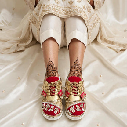 FUNKY N TRENDY red and gold sneakers for brides /bridesmaids / sneakers for bridesmaids/ handcrafted sneakers/ gold sneakers / bridal sneakers / bridesmaid sneakers/ gold sneakers / red shoes/ megenta shoes/ hot pink sneakers
