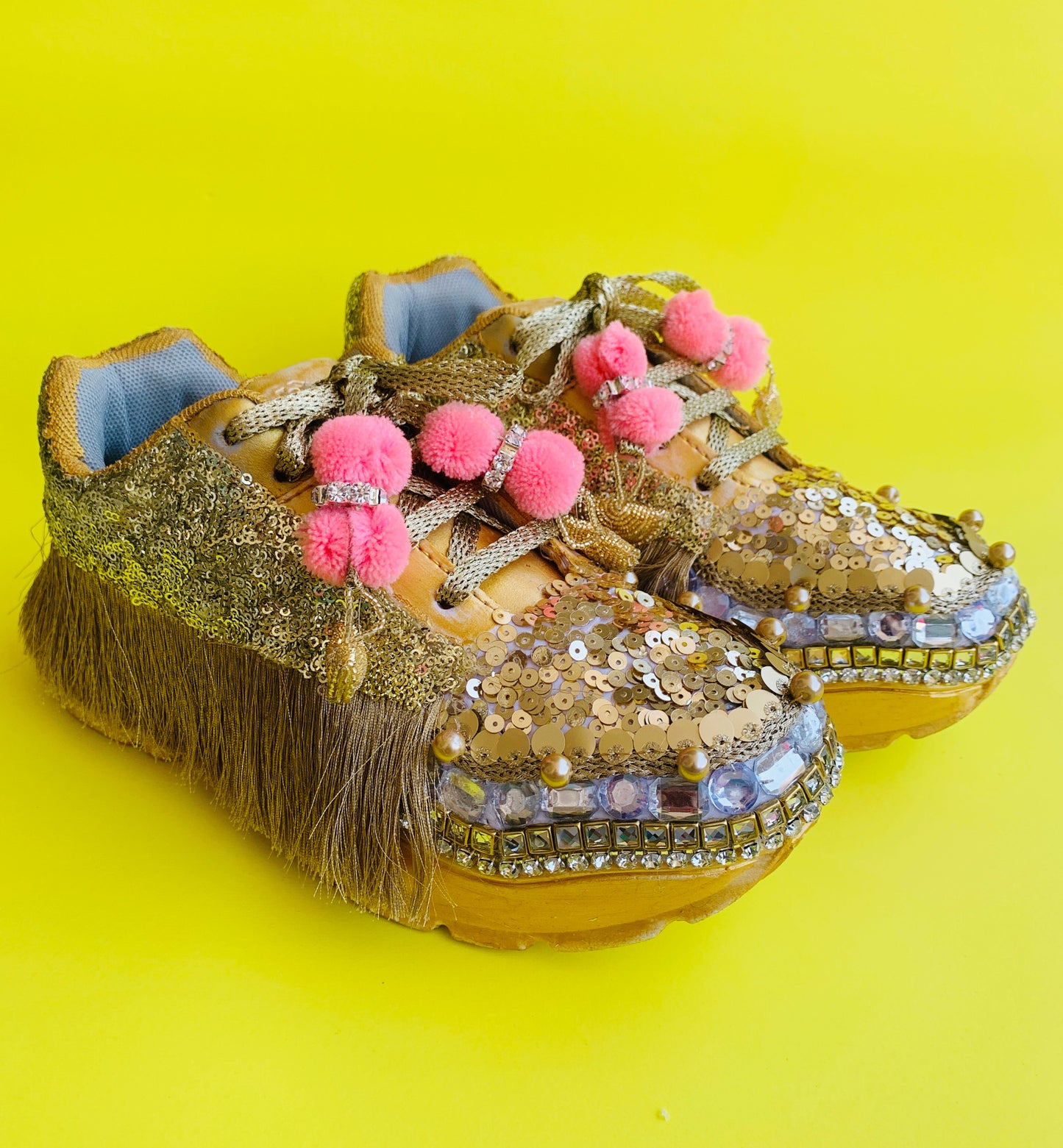 Funky N Trendy Golden kundan work bridal sneakers/ bridesmaid sneaker / golden sneakers/ pink sneakers / gold shoes with pom pom detailing